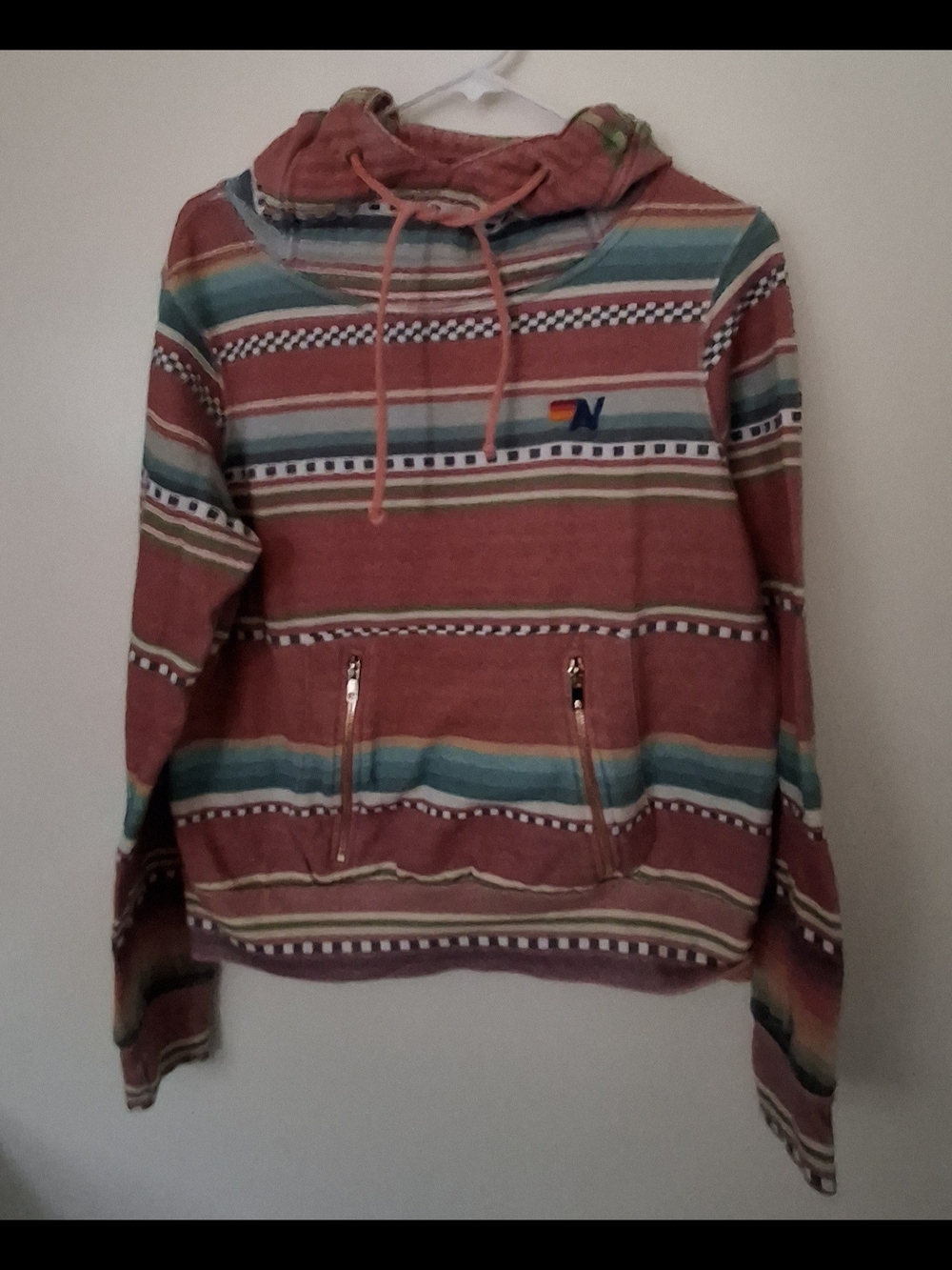 Aviator Nation Coral Striped Zip Hoodie with Teal & Yellow Accents
